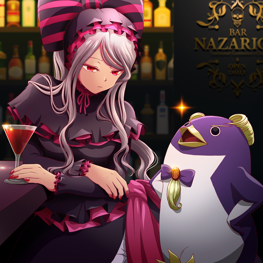 1girl, bar, bird, blonde_hair, commentary_request, dress, eclair_ecleir_eicler, frilled_dress