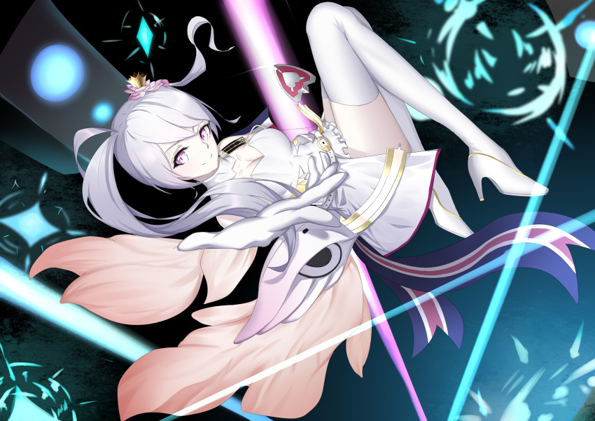 1girl, absurdres, asymmetrical_hair, caligula_(game), crown, dress, elbow_gloves, gloves, high_heels, highres, looking_at_viewer, mu_(caligula), pink_eyes, pink_hair, reaching_out, smile, thigh-highs, twintails, ying_fa