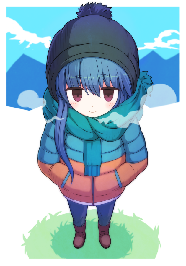 1girl, bangs, beanie, blue_scarf, blue_sky, blush, boots, eyebrows_visible_through_hair, full_body, grass, half-closed_eyes, hands_in_pockets, hat, jacket, long_sleeves, looking_at_viewer, mountain, outdoors, pants, scarf, shima_rin, simple_background, sky, smile, suta_(clusta), violet_eyes, white_background, winter_clothes, yurucamp