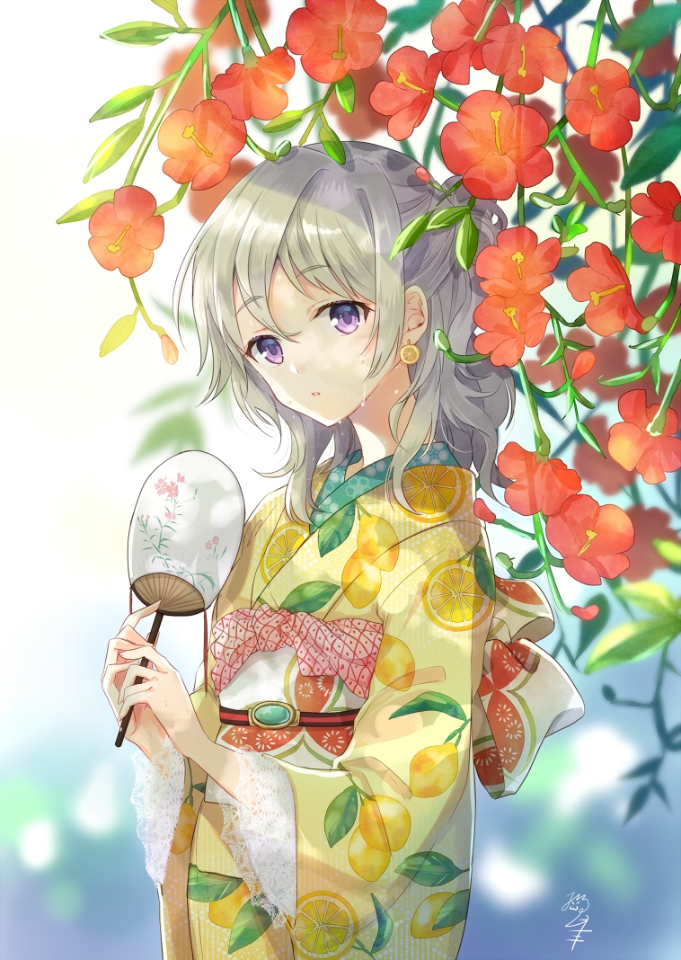 1girl, bangs, commentary_request, earrings, eyebrows_visible_through_hair, fan, flower, food_themed_earrings