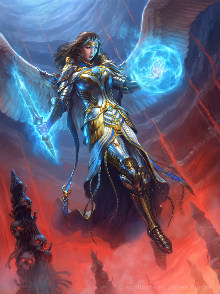 1girl, angel, armor, armored_boots, blue_eyes, boots, breasts, cleavage, dagger, feathered_wings, gloves, james_ryman, legend_of_the_cryptids, magic, official_art, skull, solo, tiara, watermark, weapon, web_address, wings