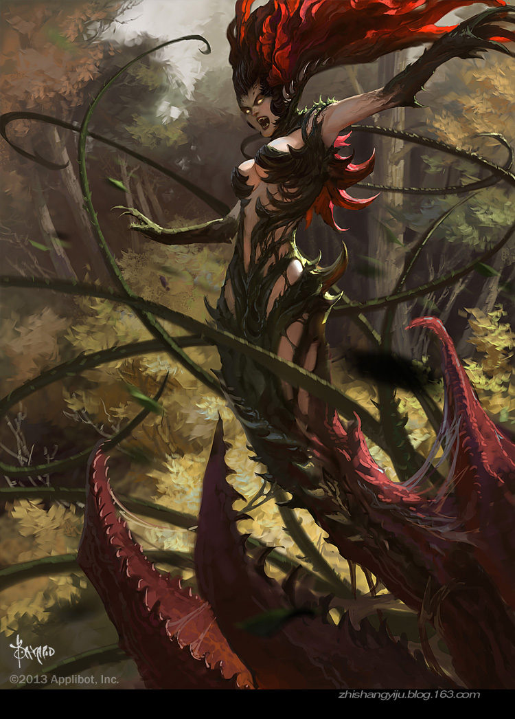 1girl, artist_name, bayard_wu, breasts, center_opening, cleavage, fangs, gloves