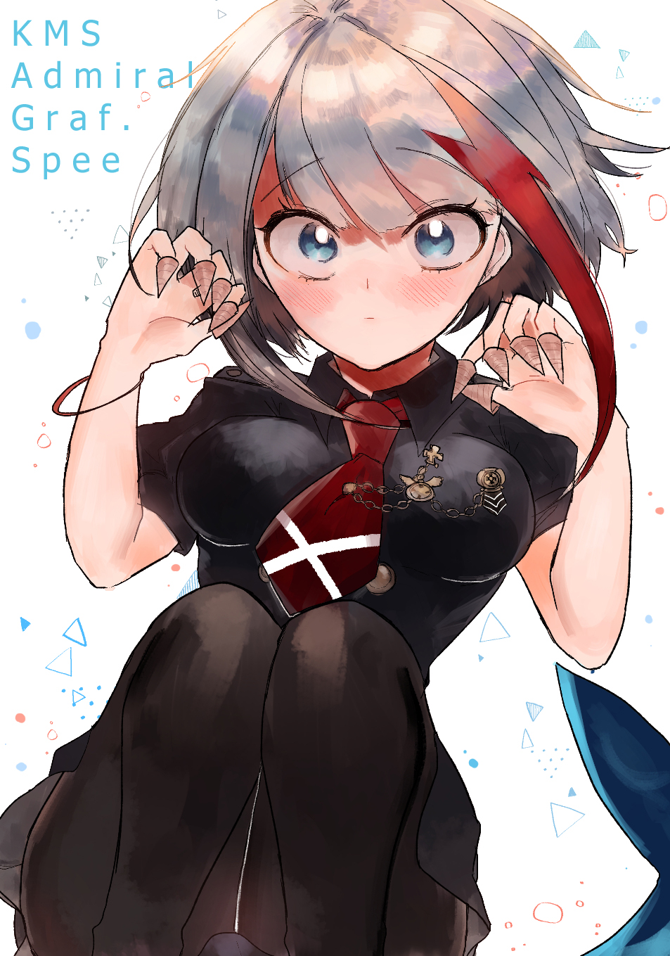 1girl, admiral_graf_spee_(azur_lane), applepeaceee, azur_lane, blue_eyes, bracelet, breasts, buttons, collar, collared_shirt, food, food_on_finger, highres, jewelry, looking_at_viewer, medal, medium_breasts, military, military_uniform, multicolored_hair, necktie, pantyhose, redhead, shirt, short_hair, silver_hair, solo, streaked_hair, uniform
