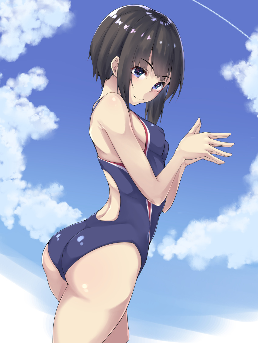 1girl, absurdres, ass, black_hair, black_mutou, blue_eyes, blue_sky, blue_swimsuit