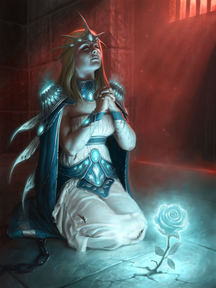 1girl, blonde_hair, cape, chains, closed_eyes, flower, injury, james_ryman