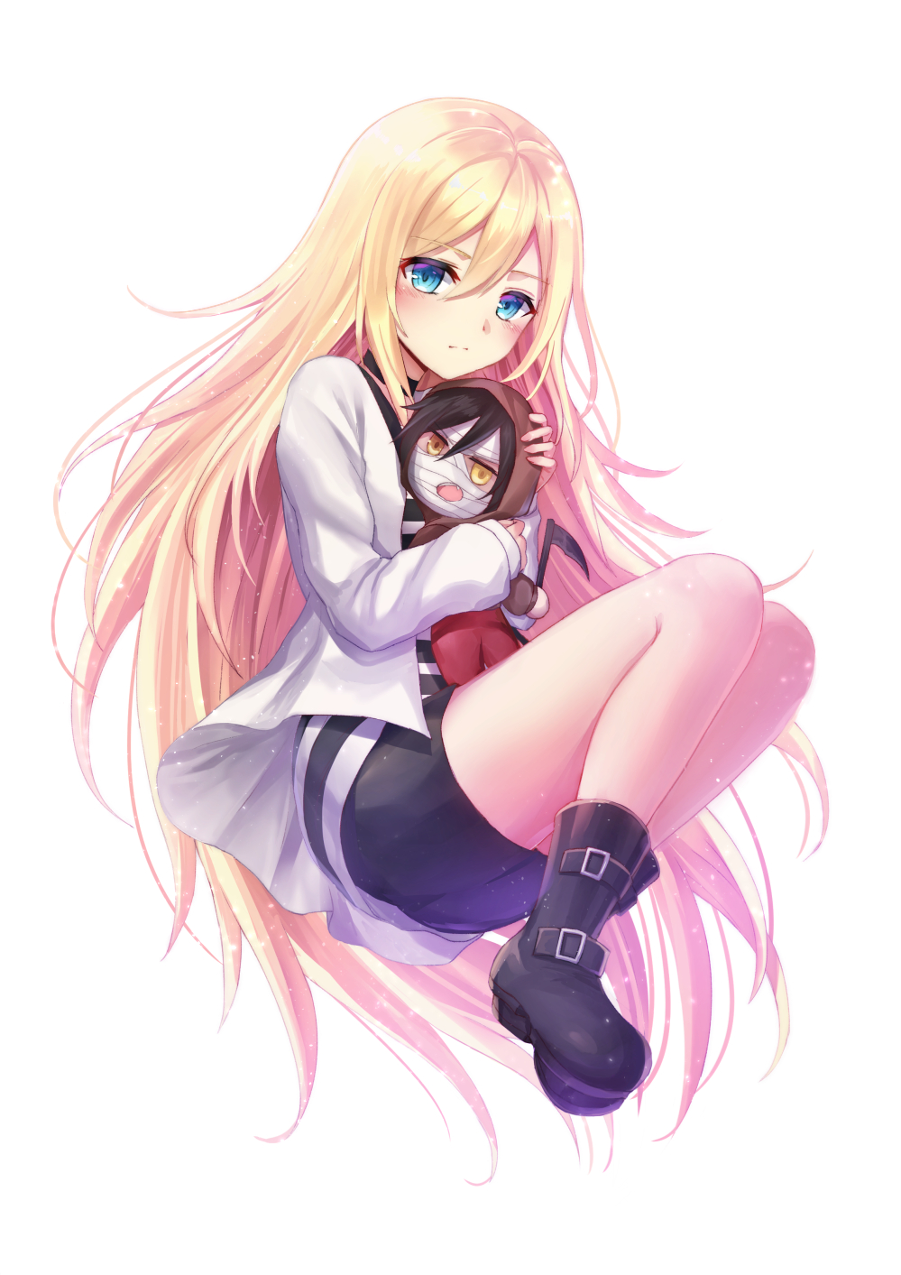 1girl, bandages_on_face, bangs, black_footwear, black_shorts, blonde_hair, blue_eyes, blush, boots, brown_eyes, brown_hair, character_doll, closed_mouth, commentary_request, eyebrows_visible_through_hair, full_body, hair_between_eyes, highres, isaac_foster, jacket, long_hair, looking_at_viewer, open_clothes, open_jacket, open_mouth, rachel_gardner, satsuriku_no_tenshi, scythe, seungju_lee, shirt, short_shorts, shorts, simple_background, solo, striped, striped_shirt, very_long_hair, white_background, white_jacket