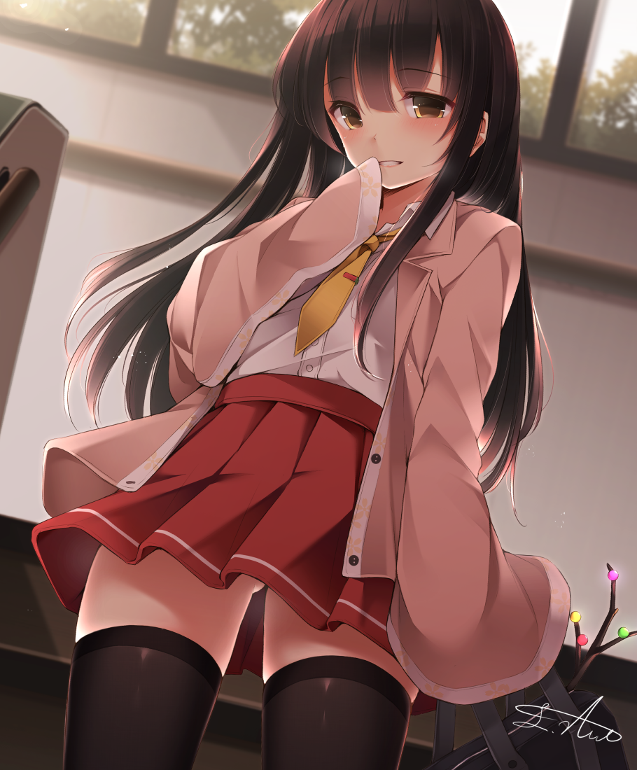 1girl, adapted_costume, artist_name, bag, bangs, black_hair, black_legwear, blazer