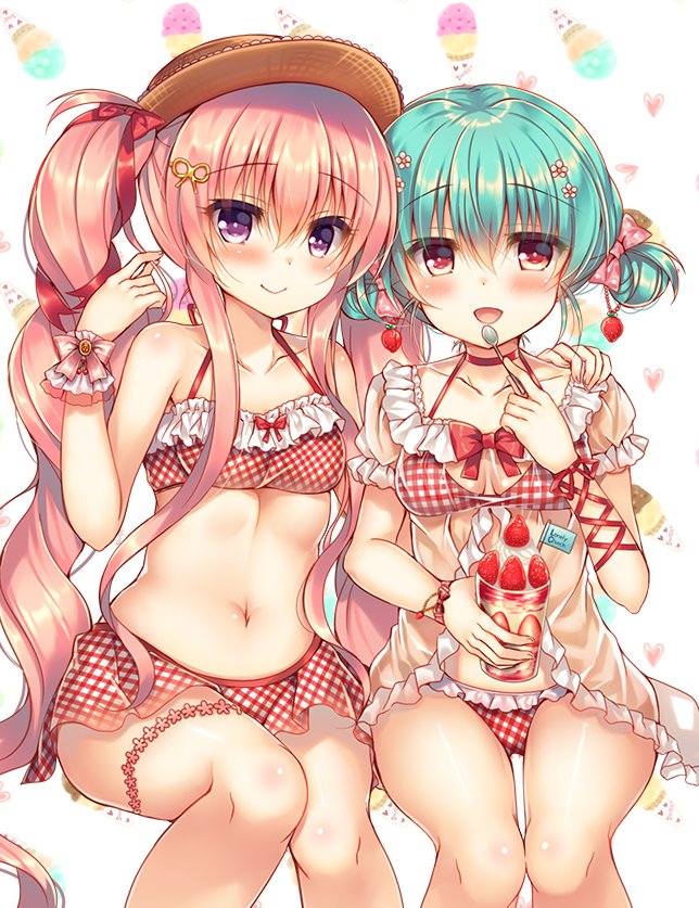 2girls, :d, babydoll, bangs, bare_arms, bare_shoulders, blue_hair, blush