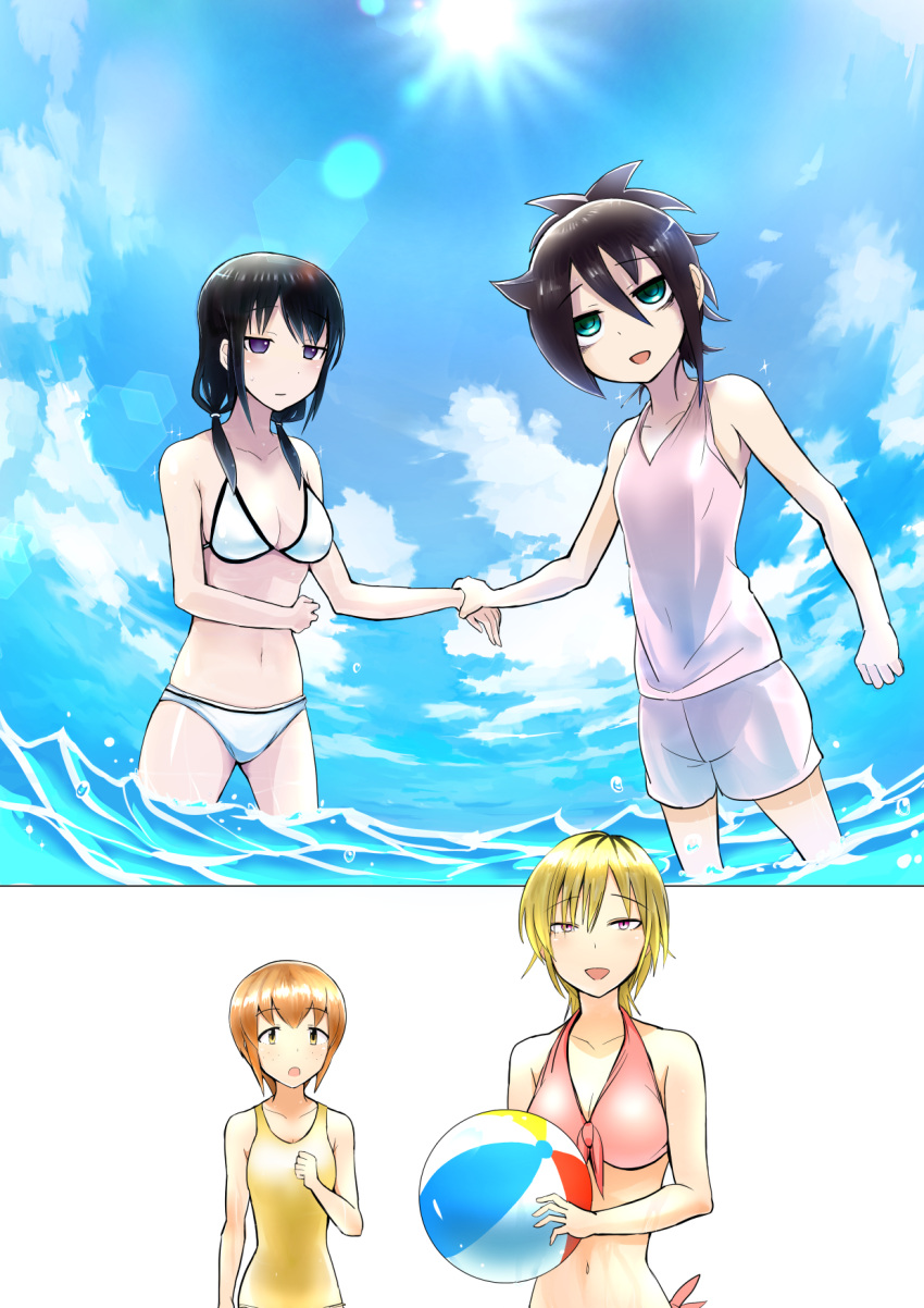 4girls, :d, :o, :|, alternate_hairstyle, bags_under_eyes, bikini, black_hair