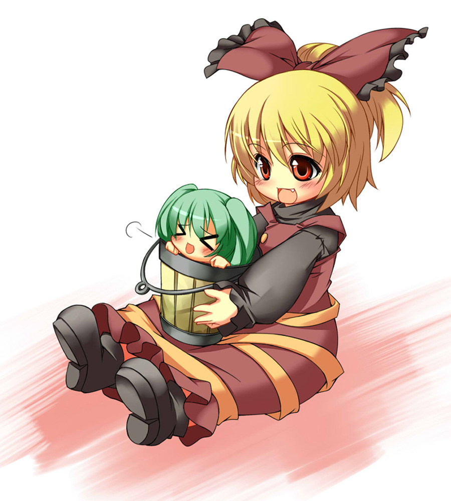 beihan, blonde_hair, bucket, chibi, fang, girl_in_bucket, green_hair, happy