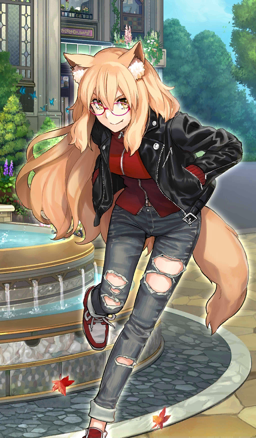 1girl, animal_ears, black_jacket, brown_eyes, craft_essence, denim, fang, fate/grand_order