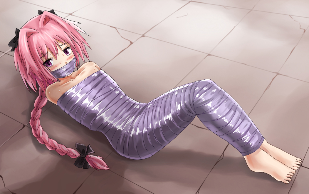 1boy, astolfo_(fate), bare_shoulders, barefoot, bdsm, black_bow, blush, bondage