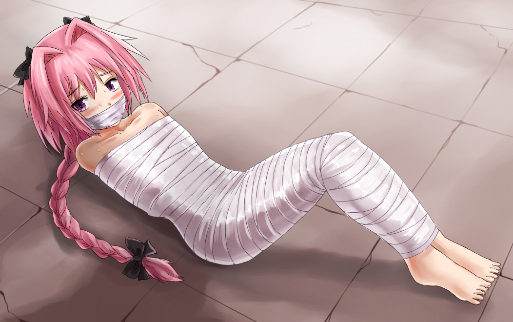 1boy, astolfo_(fate), bare_shoulders, barefoot, bdsm, black_bow, blush, bondage
