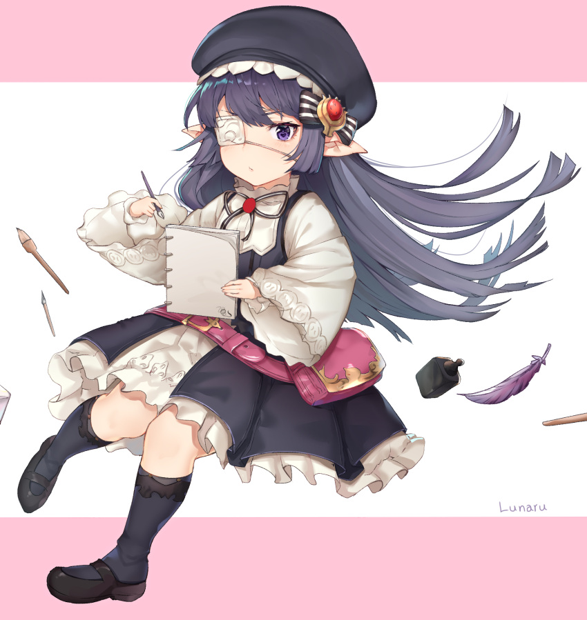 1girl, bag, bangs, beret, black_cola, black_dress, black_footwear, black_hat