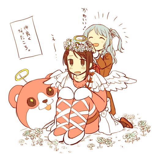 +_+, 2girls, :3, :d, ^_^, angel_wings, animal_costume, bang_dream!