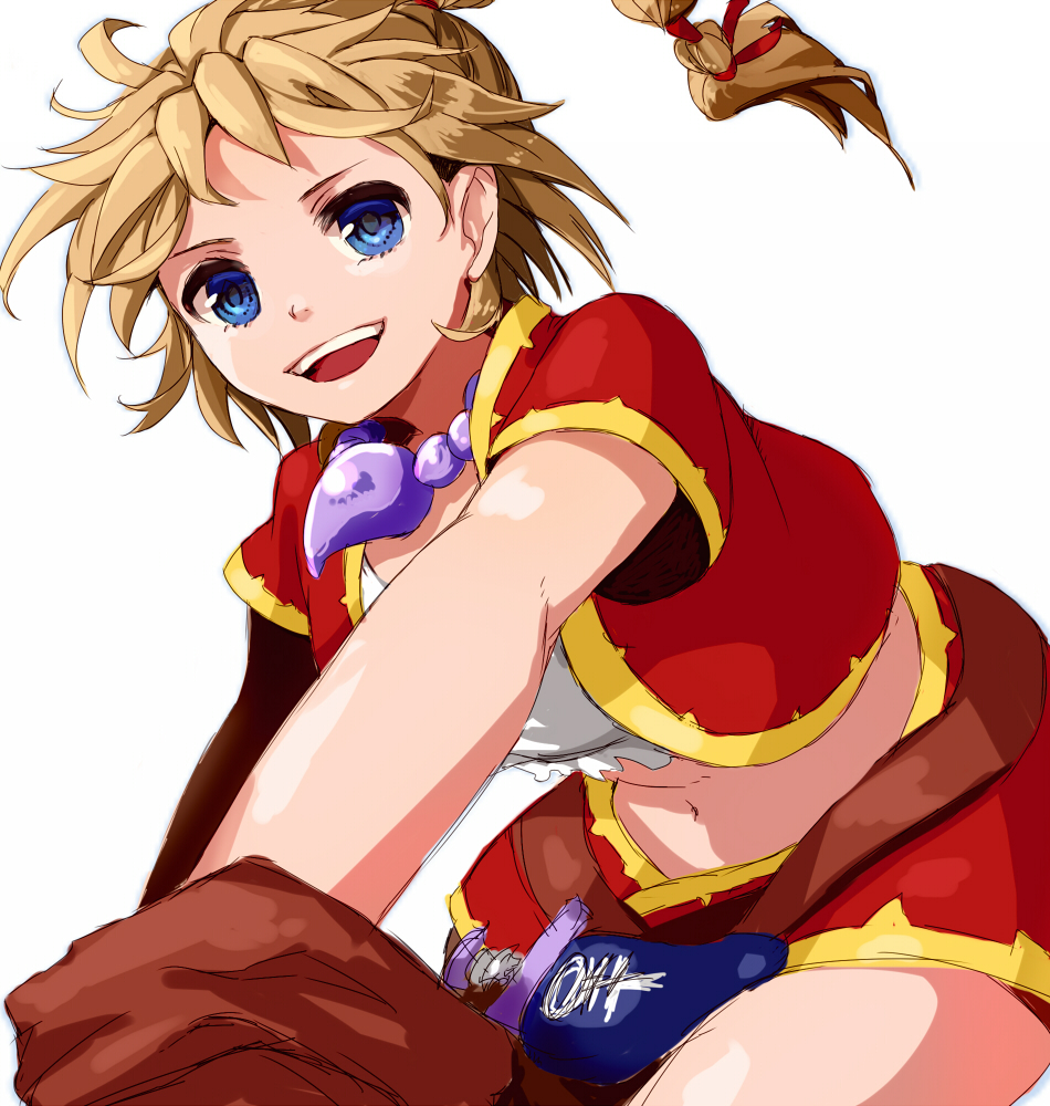 1girl, blonde_hair, blue_eyes, chrono_cross, commentary_request, gloves, high_ponytail, himasen