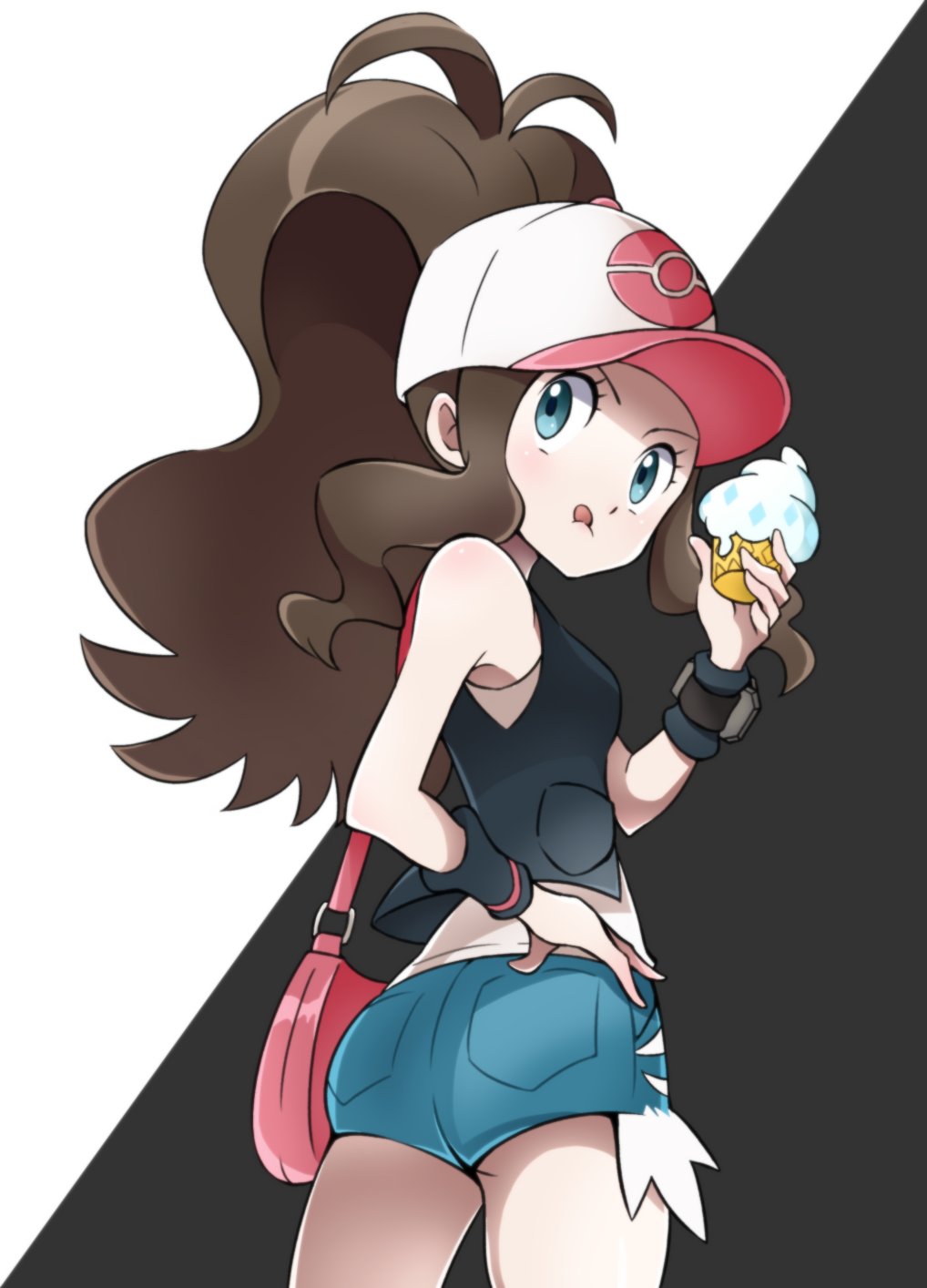 1girl, ass, bangs, baseball_cap, black_vest, black_wristband, blue_eyes, brown_hair