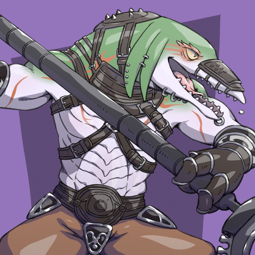 1boy, ba'gamnan, bangaa, earrings, facial_mark, fangs, final_fantasy, final_fantasy_xii, furry, gloves, green_skin, hat, highres, jewelry, male_focus, open_mouth, polearm, shirtless, solo, spear, sunspotfish, tongue, weapon