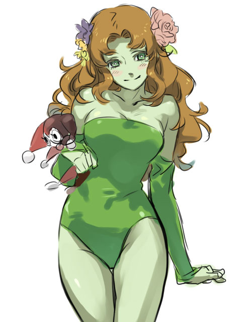 batman_(series), blush, character_doll, dc_comics, detached_sleeves, doll, flower, green_skin