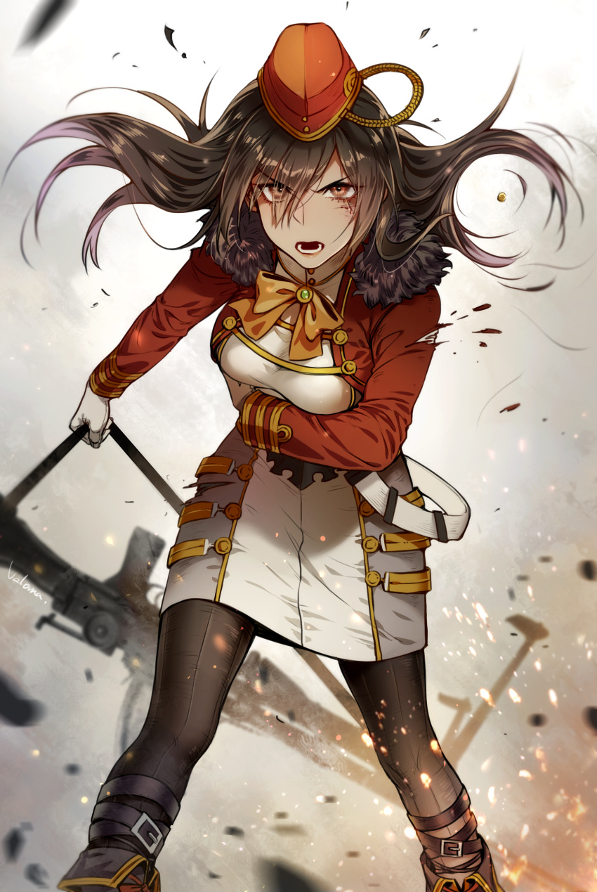 1girl, absurdres, angry, arm_under_breasts, battle, bipod, black_hair, boots