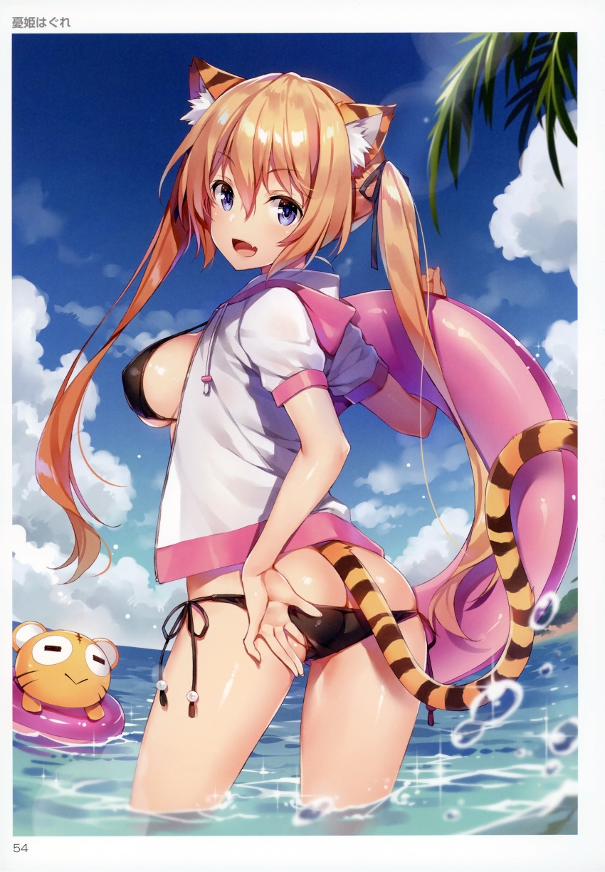 1girl, :d, absurdres, adjusting_clothes, adjusting_swimsuit, animal_ears, ass, bikini