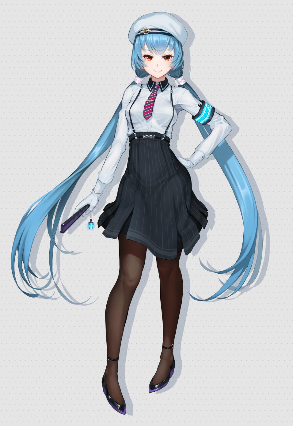 1girl, aqua_hair, armband, black_legwear, closed_mouth, full_body, gloves, highres