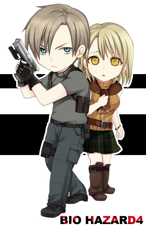 ashley_graham, belt, blonde_hair, bob_cut, boots, bracelet, chibi, fingerless_gloves
