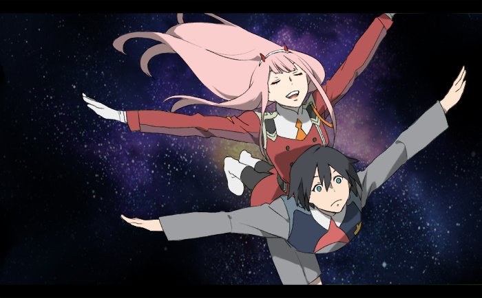 0_gella, 1boy, 1girl, bangs, black_hair, black_legwear, blue_eyes, boots, closed_eyes, commentary_request, couple, darling_in_the_franxx, floating_hair, hair_ornament, hairband, hetero, hiro_(darling_in_the_franxx), horns, letterboxed, long_hair, long_sleeves, military, military_uniform, necktie, night, night_sky, oni_horns, orange_neckwear, pantyhose, pink_hair, red_horns, red_neckwear, short_hair, sky, star, star_(sky), starry_sky, uniform, white_hairband, zero_two_(darling_in_the_franxx)