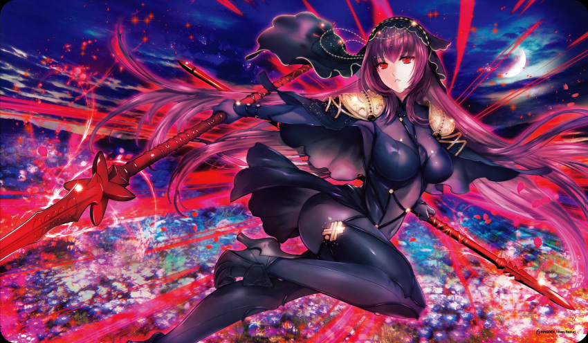 armored_boots, artist_name, bodysuit, boots, breasts, clouds, cloudy_sky, covered_navel
