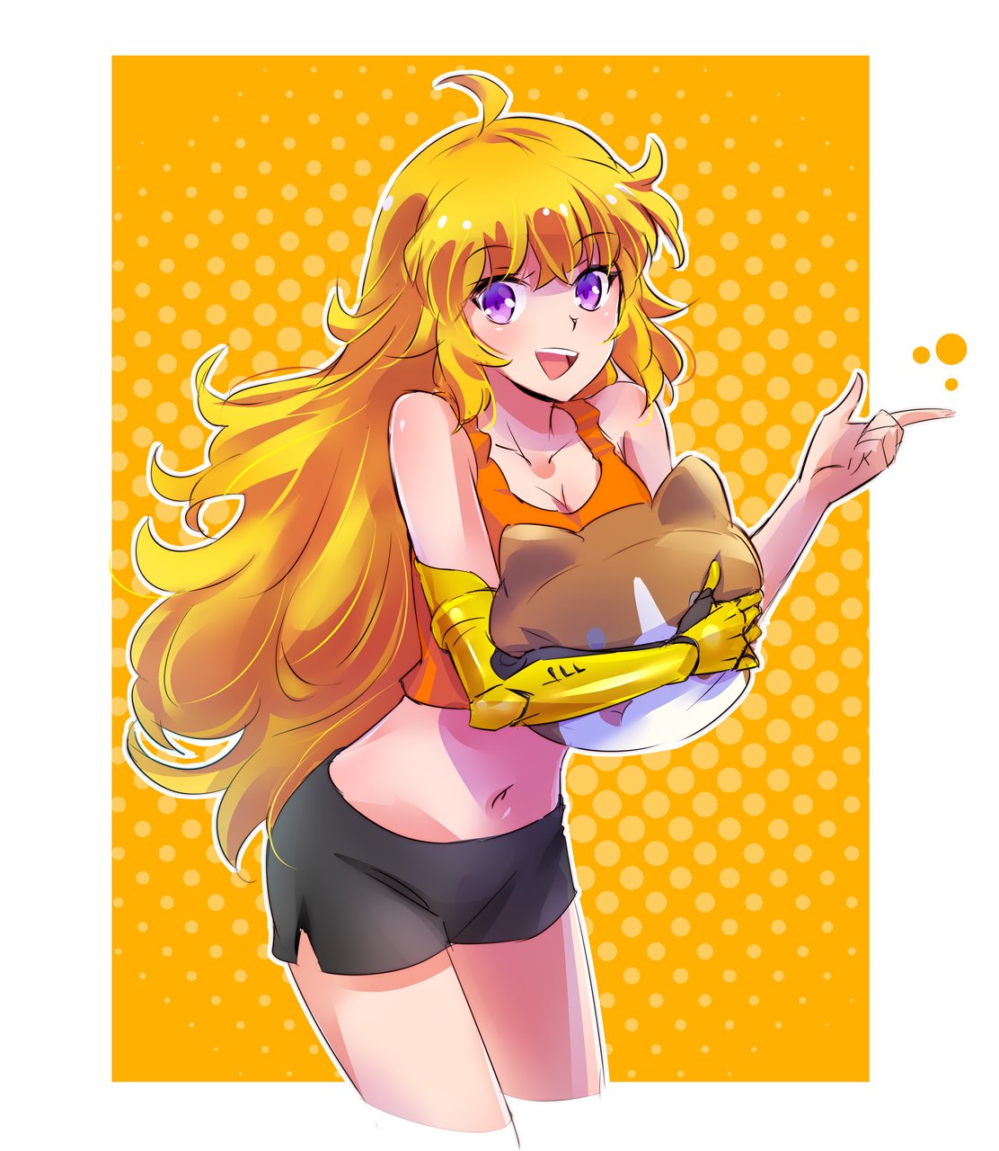 1girl, ahoge, black_shorts, blonde_hair, commentary, highres, iesupa, long_hair