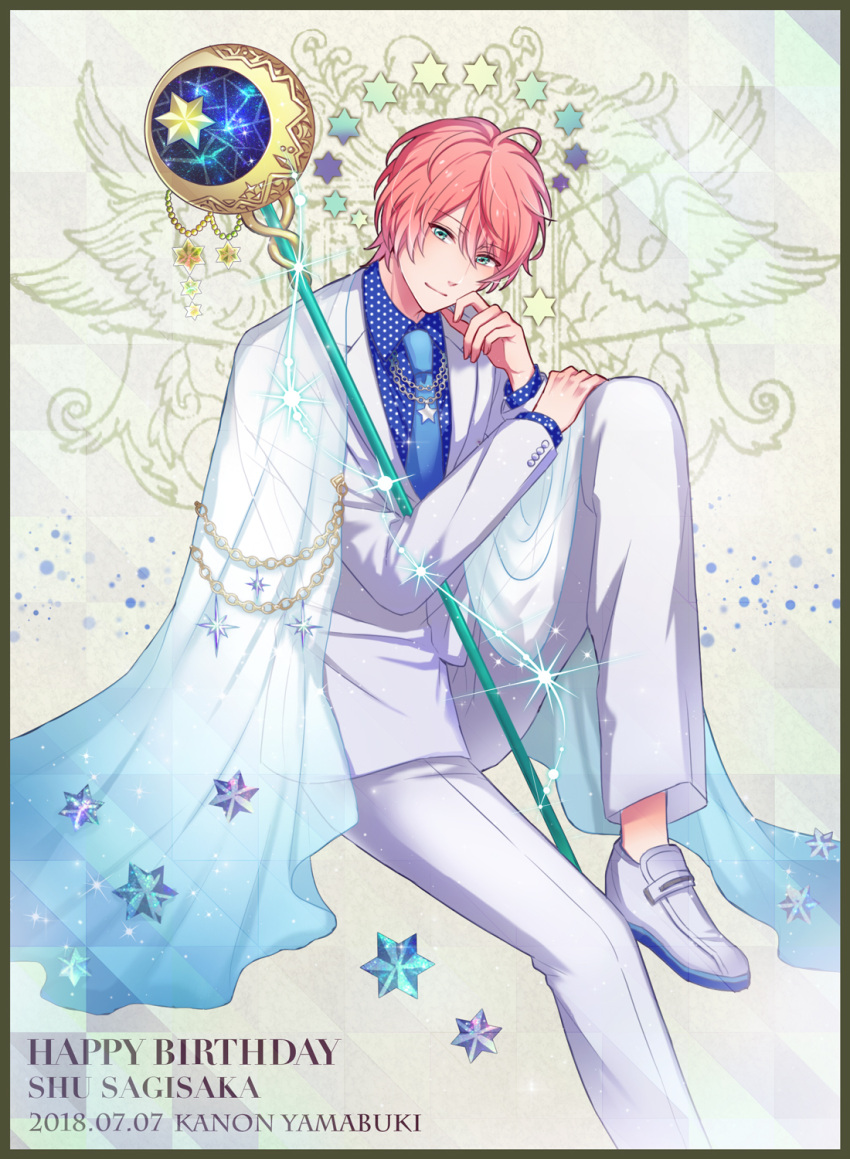 1boy, artist_name, blue_eyes, blue_neckwear, boyfriend_(kari), cape, character_name, constellation