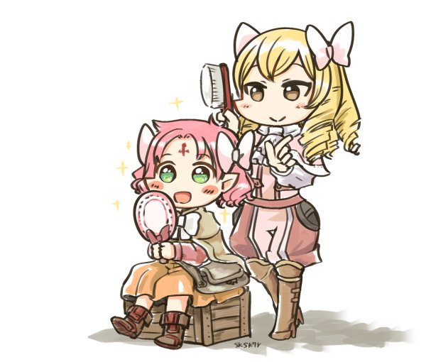 2girls, artist_name, blonde_hair, bow, brown_eyes, capelet, closed_mouth, crate
