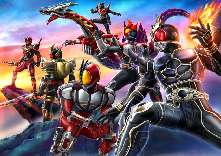 6+boys, antennae, armed_hibiki, armor, belt, bodysuit, crossover, dragon, dragreder, faiz_blaster, fire, flying, gloves, glowing, helmet, highres, horns, kamen_rider, kamen_rider_555, kamen_rider_agito, kamen_rider_agito_(series), kamen_rider_blade, kamen_rider_blade_(series), kamen_rider_faiz, kamen_rider_hibiki, kamen_rider_hibiki_(series), kamen_rider_kuuga, kamen_rider_kuuga_(series), kamen_rider_ryuki, kamen_rider_ryuki_(series), kamen_rider_ryuki_survive, male_focus, mask, masukudo_(hamamoto_hikaru), monster, multiple_boys, oni, pose, red_eyes, riding, scales, sword, tokusatsu, weapon, yellow_eyes