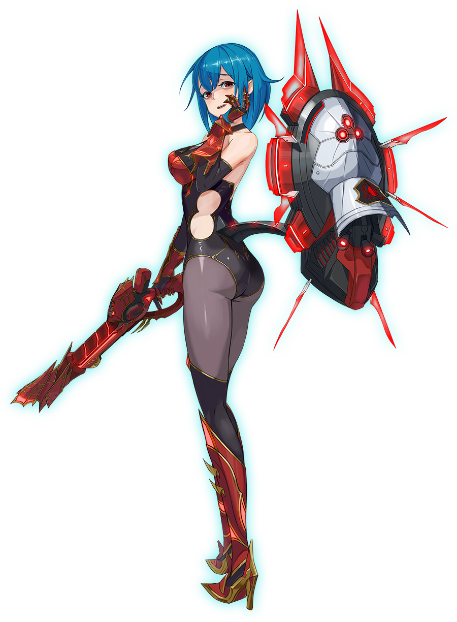 1girl, agravain_(dolls_order), armored_boots, artist_request, ass, backless_outfit, bags_under_eyes, bangs, bare_shoulders, black_gloves, black_legwear, black_leotard, blue_hair, blunt_bangs, blush, boots, breasts, dolls_order, elbow_gloves, evil_smile, eyebrows_visible_through_hair, gauntlets, gesugao, gloves, gold_trim, grey_legwear, gun, hair_between_eyes, hand_on_own_cheek, high_heel_boots, high_heels, highres, holding, holding_gun, holding_weapon, impossible_clothes, impossible_leotard, index_finger_raised, knee_boots, kneehighs, kneepits, large_breasts, leotard, looking_at_viewer, mecha_musume, mechanical_tail, official_art, open_mouth, pantyhose, parted_bangs, pink_lips, profile, red_eyes, red_legwear, round_teeth, shaded_face, side_cutout, smile, solo, strap_gap, tail, teeth, tongue, transparent_background, twisted_torso, weapon
