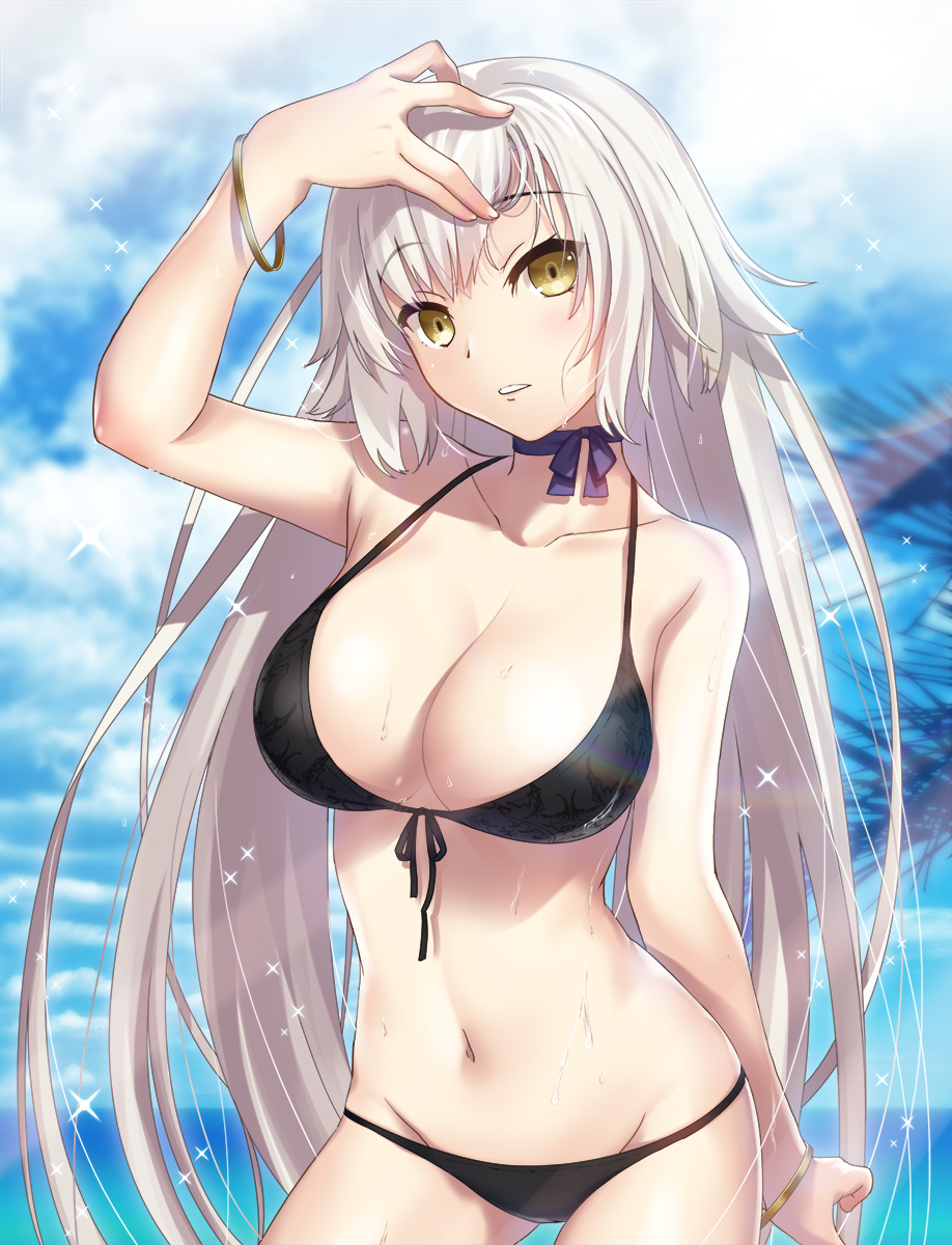 1girl, arm_at_side, bangs, bare_shoulders, bikini, black_bikini, blurry, blush
