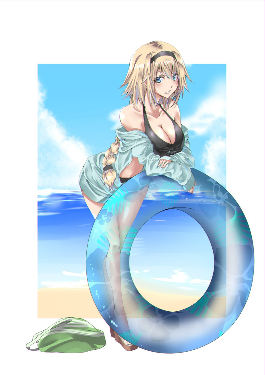 1girl, alternate_costume, bare_shoulders, beach, bikini, black_bikini, blonde_hair, blue_eyes