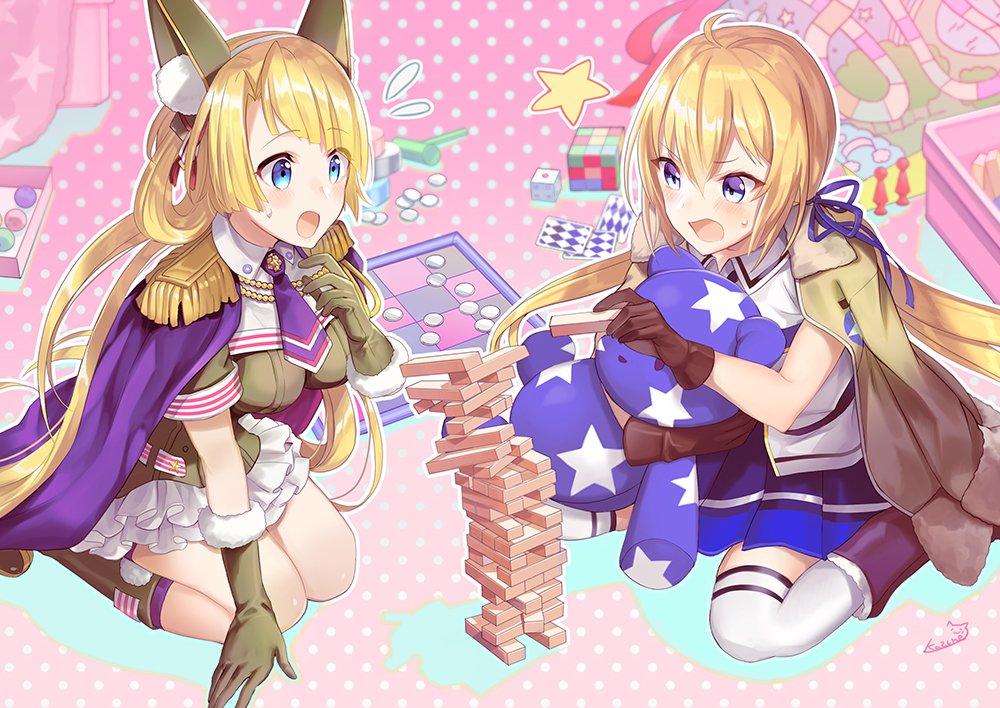 >:o, 2girls, :o, alberta_wedemeyer, animal_ears, biturba_urbanobna, blonde_hair, blue_ribbon