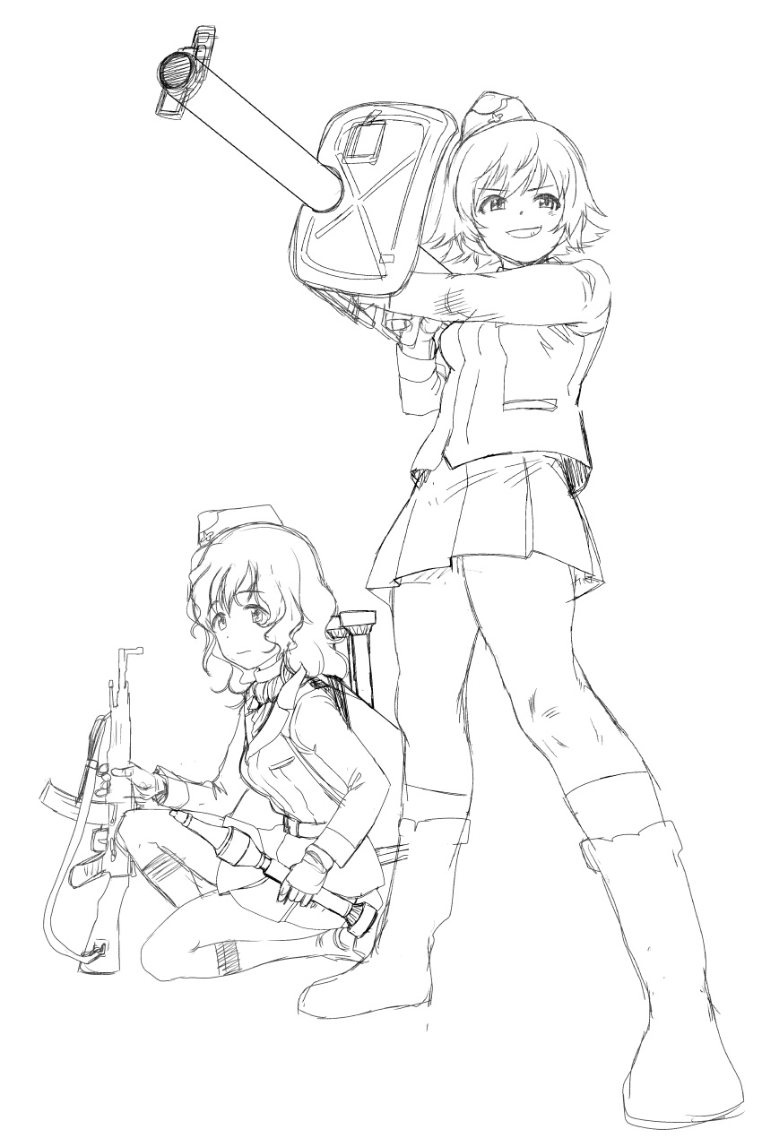 >:d, 2girls, absurdres, assault_rifle, character_request, extra, garrison_cap, geshiko_(girls_und_panzer)
