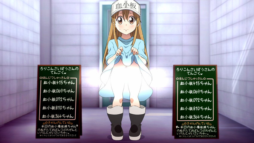1girl, bangs, black_footwear, blue_shirt, blush, boots, brown_eyes, brown_hair
