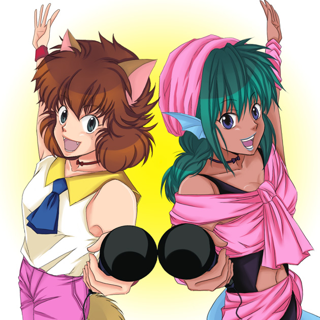 animal_ears, back-to-back, back_to_back, blue_eyes, brown_hair, choker, dark_skin, fangs