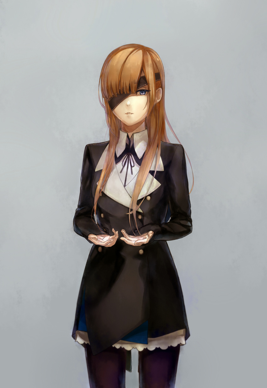 1girl, absurdres, bangs, black_legwear, black_ribbon, blue_eyes, blunt_bangs, brown_hair, cowboy_shot, eyepatch, fate/grand_order, fate_(series), grey_background, grey_shirt, highres, inphans, long_hair, looking_at_viewer, miniskirt, neck_ribbon, ophelia_phamrsolone, pantyhose, parted_lips, ribbon, shirt, simple_background, skirt, solo, standing