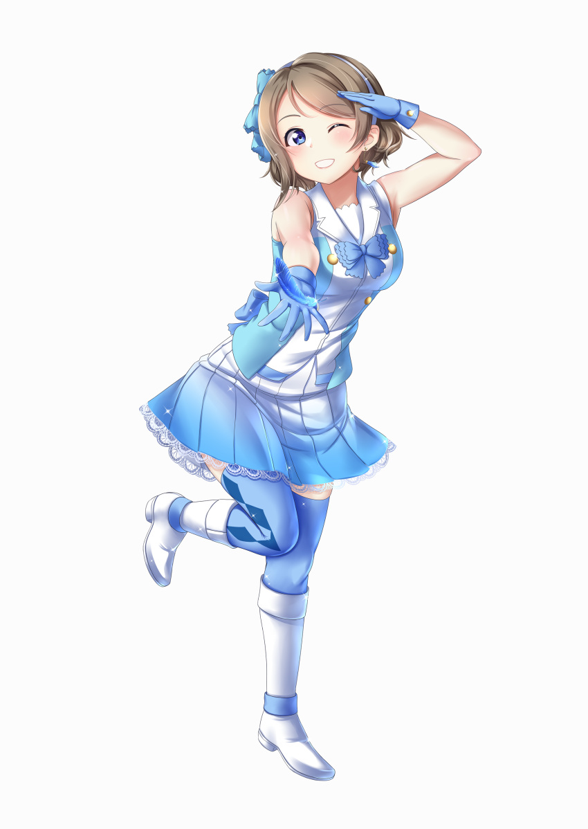 1girl, ;d, absurdres, bangs, blue_bow, blue_eyes, blue_gloves, blue_hairband