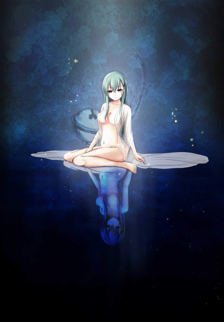 1girl, absurdres, barefoot, between_legs, breasts, brown_eyes, cleavage, collarbone