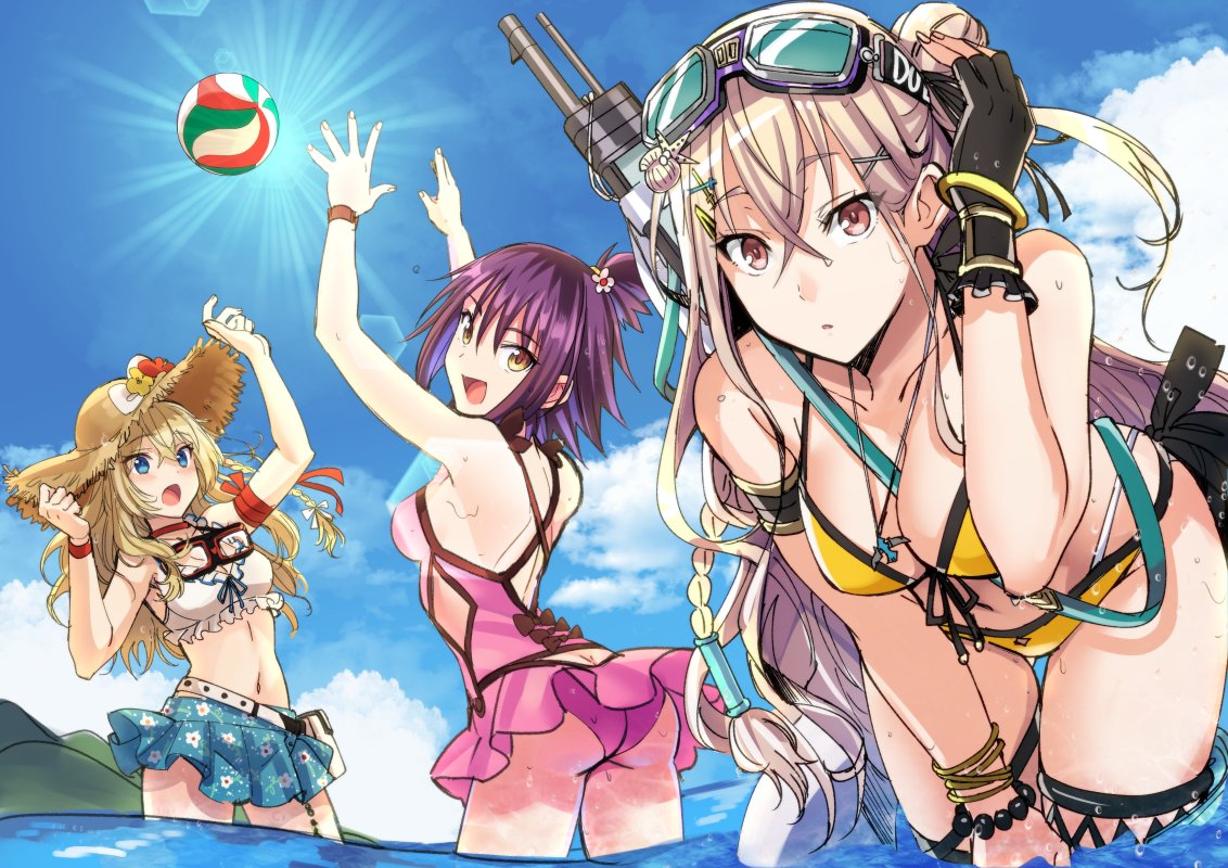 3girls, :d, :o, ass, ball, bare_shoulders, beach, beachball