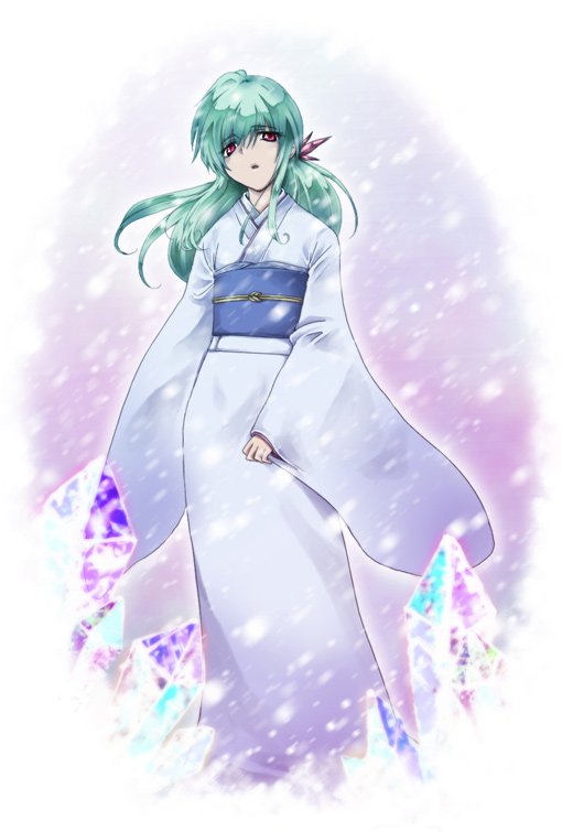 green_hair, hee_mi, japanese_clothes, kimono, ponytail, red_eyes, snow, yu_yu_hakusho