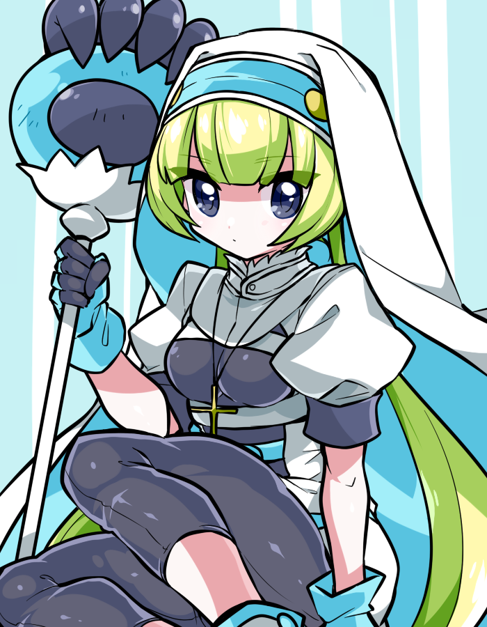 1girl, bangs, braid, breasts, crabominable, cross, cross_necklace, eyebrows_visible_through_hair