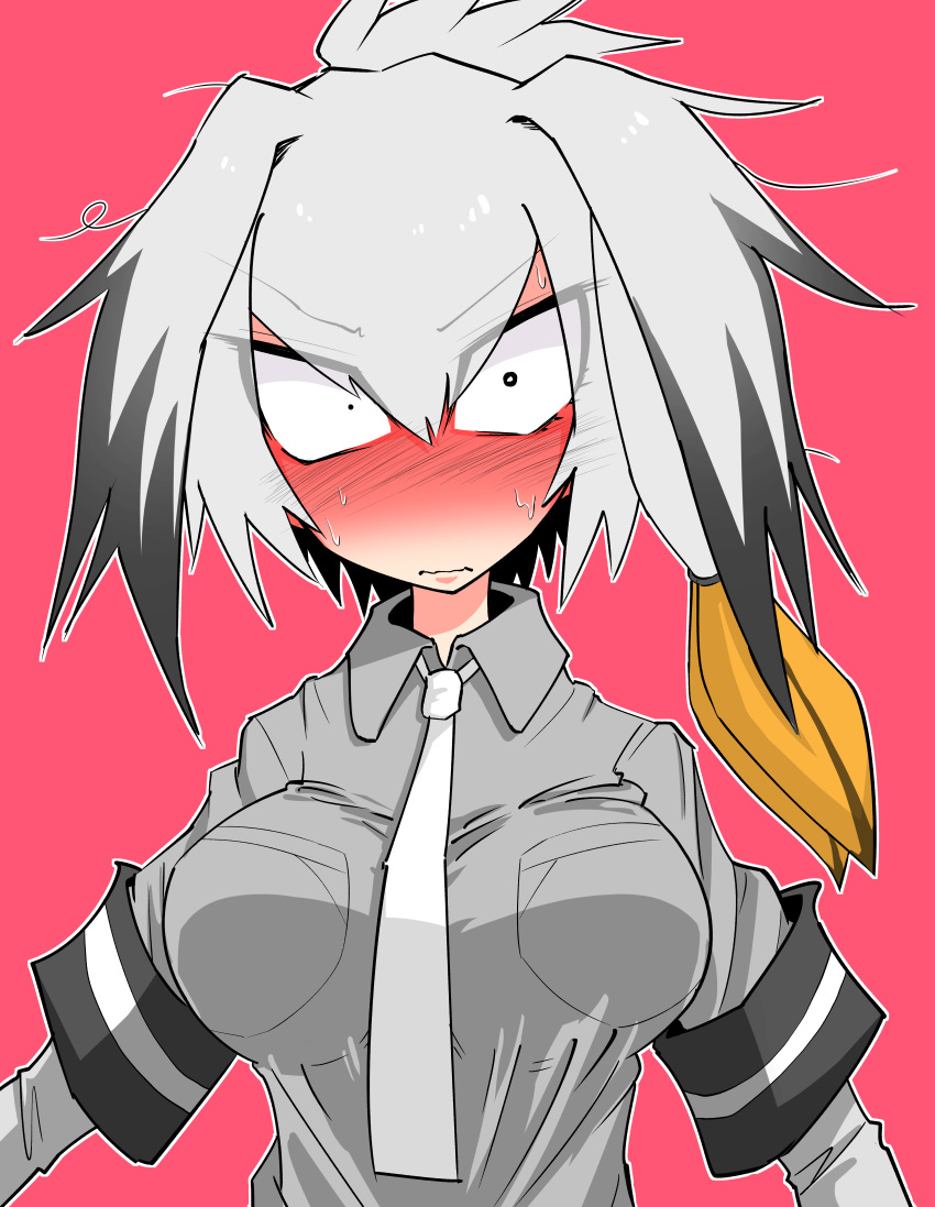 1girl, absurdres, black_hair, blush, breast_pocket, breasts, closed_mouth, collared_shirt, commentary_request, constricted_pupils, eyebrows_visible_through_hair, eyes_visible_through_hair, grey_hair, grey_shirt, hair_between_eyes, highres, impossible_clothes, impossible_shirt, kemono_friends, long_hair, long_sleeves, low_ponytail, multicolored_hair, necktie, no_nose, nose_blush, nuka_cola06, orange_hair, pocket, shirt, shoebill_(kemono_friends), short_over_long_sleeves, short_sleeves, side_ponytail, simple_background, solo, sweat, sweating_profusely, tsurime, upper_body, v-shaped_eyebrows, wavy_mouth, white_neckwear, wing_collar