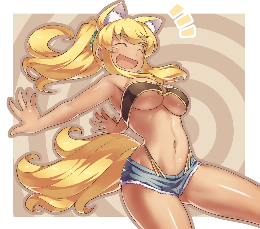 /\/\/\, 1girl, ^_^, animal_ears, arms_behind_back, bare_arms, bare_shoulders, beltbra