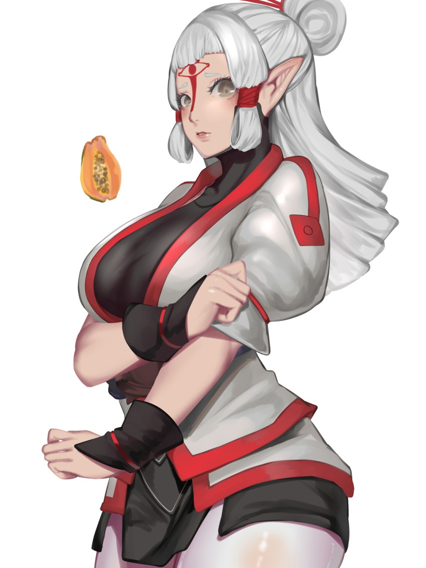 1girl, blush, breasts, eyelashes, facial_mark, forehead_mark, hair_bun, highres