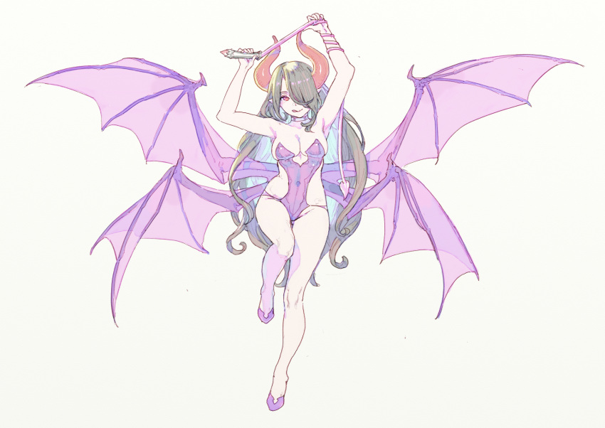 1girl, armpits, breasts, cleavage, commentary_request, dungeon_maker, full_body, grey_hair, hair_over_one_eye, highres, horns, long_hair, looking_at_viewer, nagisa_kurousagi, purple_footwear, purple_wings, solo, white_background, wings
